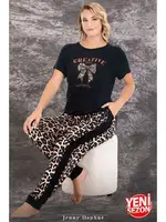 Lady Leopar Desenli Normal Beden Bisiklet Yaka Kısa Kol T-Shirt Pijama Takımı 12593 farklı açı