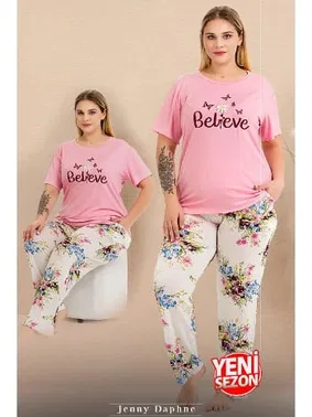 Lady Lady Pembe Büyük Beden Çiçekli Kısa Kollu Pijama Takımı Lady 11005