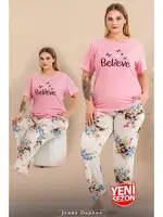 Lady Pembe Büyük Beden Çiçekli Kısa Kollu Pijama Takımı Lady 11005