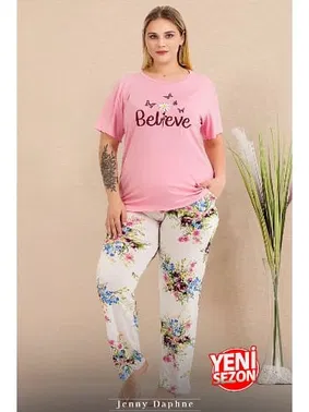 Lady Lady Pembe Büyük Beden Çiçekli Kısa Kollu Pijama Takımı Lady 11005 - Alternatif Görünüm
