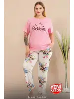 Lady Pembe Büyük Beden Çiçekli Kısa Kollu Pijama Takımı Lady 11005 detay görünüm