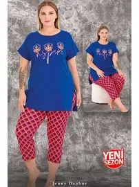Lady Lady Viskon Kumaş Büyük Beden Renkli Desenli Kısa Kollu Uzun Kapri Pijama Takımı Lady 10718