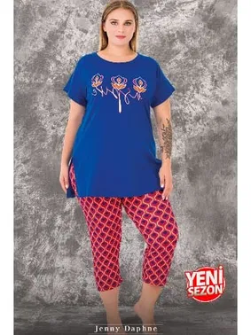 Lady Lady Viskon Kumaş Büyük Beden Renkli Desenli Kısa Kollu Uzun Kapri Pijama Takımı Lady 10718 - Alternatif Görünüm