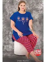 Lady Viskon Kumaş Büyük Beden Renkli Desenli Kısa Kollu Uzun Kapri Pijama Takımı Lady 10718 Mavi farklı açı