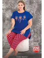 Lady Viskon Kumaş Büyük Beden Renkli Desenli Kısa Kollu Uzun Kapri Pijama Takımı Lady 10718 Mavi görsel 4