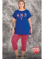 Lady Viskon Kumaş Büyük Beden Renkli Desenli Kısa Kollu Uzun Kapri Pijama Takımı Lady 10718 Mavi görsel 5