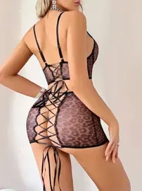 Lily Bianca Leopar Arkası ip Detaylı Seksi Büstiyer Etek Takım Lily Bianca LB-198