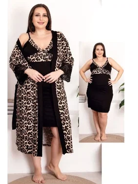Lady Leopar Desenli 2li Büyük Beden Gecelik Sabahlık Takımı Lady 19219