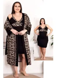 Lady Leopar Desenli 2li Büyük Beden Gecelik Sabahlık Takımı Lady 19219