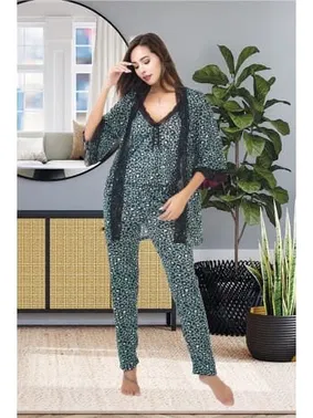 İzabel Leopar Desenli 3lü Sabahlık Pijama Takımı İzabel SB-5000