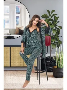 İzabel Leopar Desenli 3lü Sabahlık Pijama Takımı İzabel SB-5000 - Alternatif Görünüm