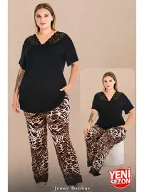 Lady Leopar Desenli Dantel Yaka Büyük Beden V Yaka Kısa Kollu Pijama Takımı Lady 11006 