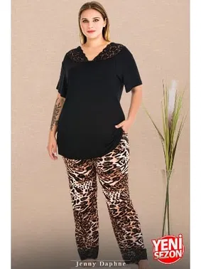 Lady Leopar Desenli Dantel Yaka Büyük Beden V Yaka Kısa Kollu Pijama Takımı Lady 11006  - Alternatif Görünüm