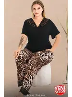 Leopar Desenli Dantel Yaka Büyük Beden V Yaka Kısa Kollu Pijama Takımı Lady 11006  Siyah farklı açı