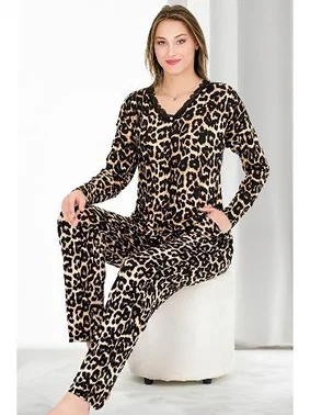 Lady Leopar Desenli Dantel Yaka Viskon Uzun Kollu Pijama Takımı Lady 11650