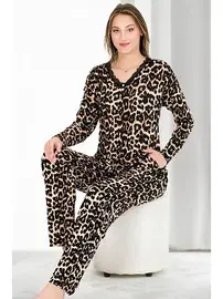 Lady Leopar Desenli Dantel Yaka Viskon Uzun Kollu Pijama Takımı Lady 11650