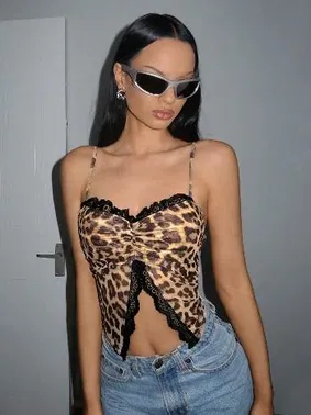 Ruselin Leopar Desenli Dantelli Göbek Dekolteli Askılı Büstiyer Ruselin 5095