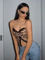 Leopar Desenli Dantelli Göbek Dekolteli Askılı Büstiyer Ruselin 5095 Kahvereni görsel 4