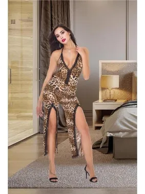 İzabel Leopar Desenli Dantelli Yırtmaçlı Tulum Gecelik İzabel 503