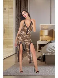 İzabel Leopar Desenli Dantelli Yırtmaçlı Tulum Gecelik İzabel 503