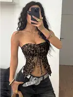 Leopar Desenli Göbek Dekolteli Büzgülü Straplez Büstiyer Ruselin 5096 Siyah