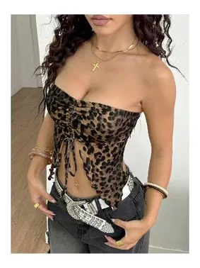 Ruselin Leopar Desenli Göbek Dekolteli Büzgülü Straplez Büstiyer Ruselin 5096 - Alternatif Görünüm