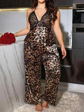 Pink Night Leopar Desenli Kelebek Yaka Büyük Beden Pijama Takım Pink Night 6915 - Alternatif Görünüm