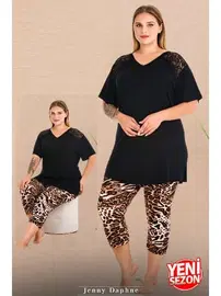 Lady Leopar Desenli V Yaka Dantelli Omuz Kısa Kollu Büyük Beden Kapri Pijama Takımı Lady 10730