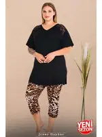 Leopar Desenli V Yaka Dantelli Omuz Kısa Kollu Büyük Beden Kapri Pijama Takımı Lady 10730 Siyah detay görünüm