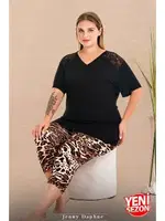 Leopar Desenli V Yaka Dantelli Omuz Kısa Kollu Büyük Beden Kapri Pijama Takımı Lady 10730 Siyah farklı açı