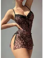 Leopar Desenli Yandan Büzgülü Fantazi Gecelik Lily Bianca LB-254 Siyah detay görünüm