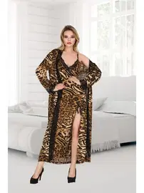 İzabel Leopar Desenli Yırtmaçlı Uzun Gecelik Sabahlık Takım İzabel 7000