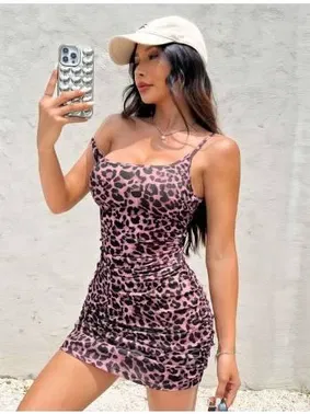 Real Passione Leopar Fuşya Desenli Askılı Mini Seksi Elbise Real Passione E1044