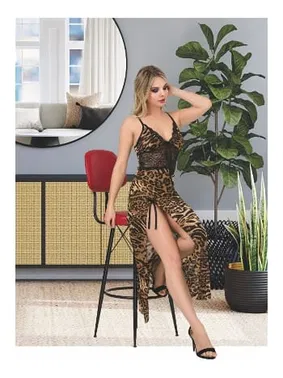 İzabel Leopar İnce Askılı Dantelli Uzun Kadın Gecelik İzabel 2021