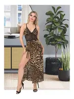 Leopar İnce Askılı Dantelli Uzun Kadın Gecelik İzabel 2021 Kahverengi detay görünüm