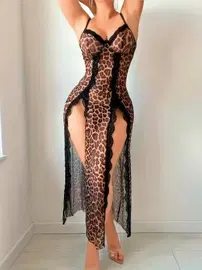 Lily Bianca Leopar Uzun Derin Yırtmaç Dekolteli Fantezi Gecelik Lily Bianca LB-202