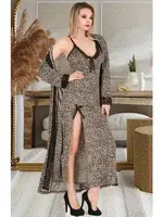 Leopar Uzun Sabahlıklı Gecelik Takım İzabel US-6002 Kahverengi detay görünüm