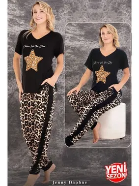 Lady Leopar Yıldız Desenli V Yaka Kısa Kol T-Shirt Pijama Takımı Lady 12588