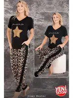 Leopar Yıldız Desenli V Yaka Kısa Kol T-Shirt Pijama Takımı Lady 12588