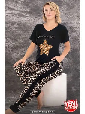 Lady Leopar Yıldız Desenli V Yaka Kısa Kol T-Shirt Pijama Takımı Lady 12588 - Alternatif Görünüm