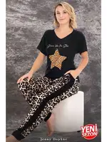 Leopar Yıldız Desenli V Yaka Kısa Kol T-Shirt Pijama Takımı Lady 12588 detay görünüm