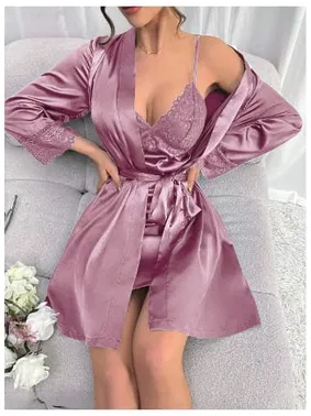 Real Passione Lila Dantelli Sabahlıklı Kadın Saten Gecelik Takım Real Passione 3040 - Alternatif Görünüm