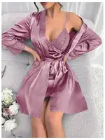 Lila Dantelli Sabahlıklı Kadın Saten Gecelik Takım Real Passione 3040 Lila detay görünüm