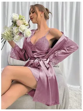 Real Passione Lila Dantelli Sabahlıklı Kadın Saten Gecelik Takım Real Passione 3040