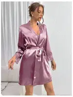 Lila Dantelli Sabahlıklı Kadın Saten Gecelik Takım Real Passione 3040 Lila görsel 5