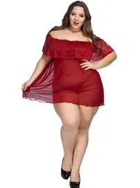 missisX Madonna Yaka Kırmızı Transparan Büyük Beden Gecelik missisX 3014