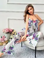 Mavi Çiçek Desenli Beyaz Askılı Bluz Pantolon Takım Pink Night 1454 Beyaz farklı açı