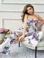 Mavi Çiçekli Desenli Beyaz Büyük Beden Bluz Pantolon Takım Pink Night 6954 Beyaz