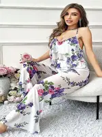 Mavi Çiçekli Desenli Beyaz Büyük Beden Bluz Pantolon Takım Pink Night 6954 Beyaz detay görünüm