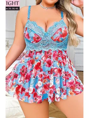 Pink Night Mavi Çiçekli Fantazi Büyük Beden Gecelik Pink Night 6628